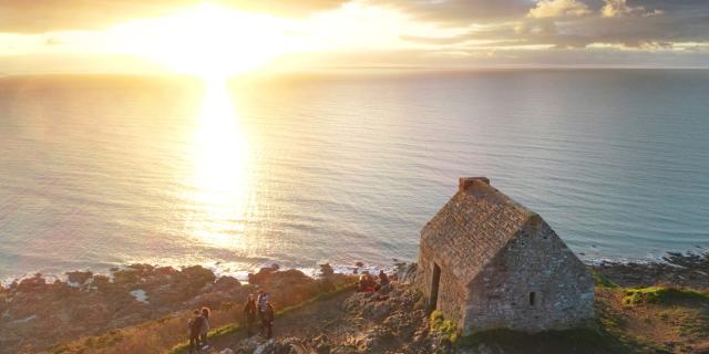 The Vauban hut at Carolles seen from the sky at sunset