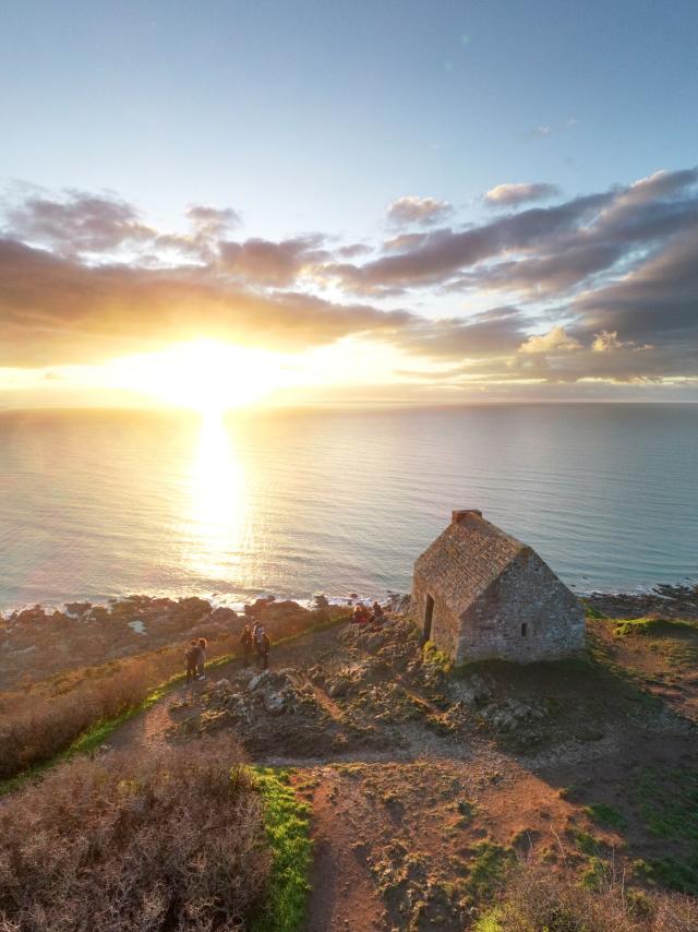 The Vauban hut at Carolles seen from the sky at sunset