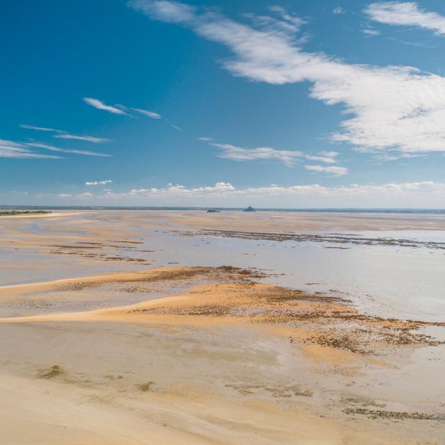 Vue sur la baie du Mont Saint-Michel à marée basse depuis les falaises de Champeaux