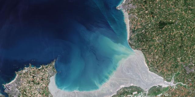 Satellite view of Mont Saint-Michel Bay from Saint-Malo to Granville