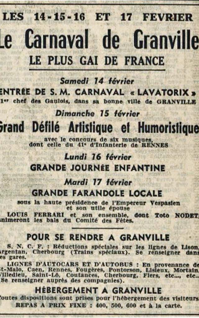 Publicité du 4 février 1953 dans le journal Ouest France pour le Carnaval de Granville, le plus gai de France