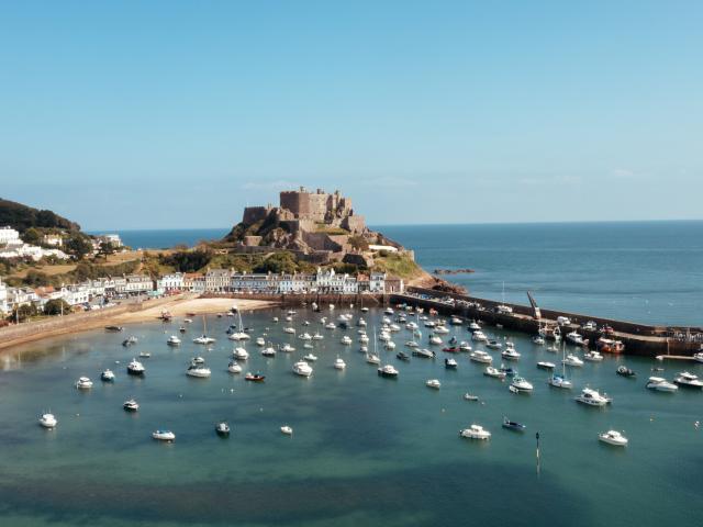 Aerial view of Mont Orgueil in Gorey