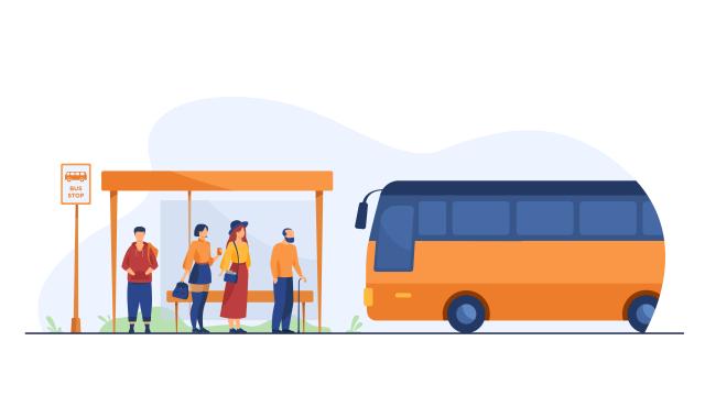 Passengers waiting for public transport at bus stop flat vector illustration. Cartoon characters using auto. Transportation and conveyance concept.