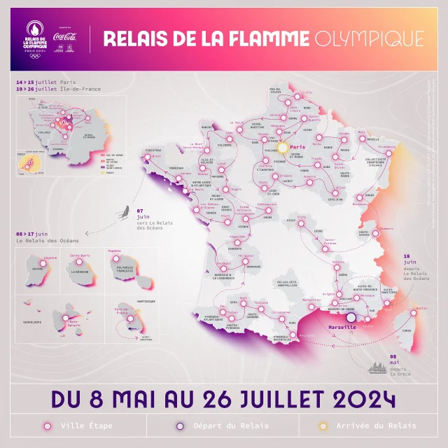 Carte de France - Relais de la Flamme Olympique 2024